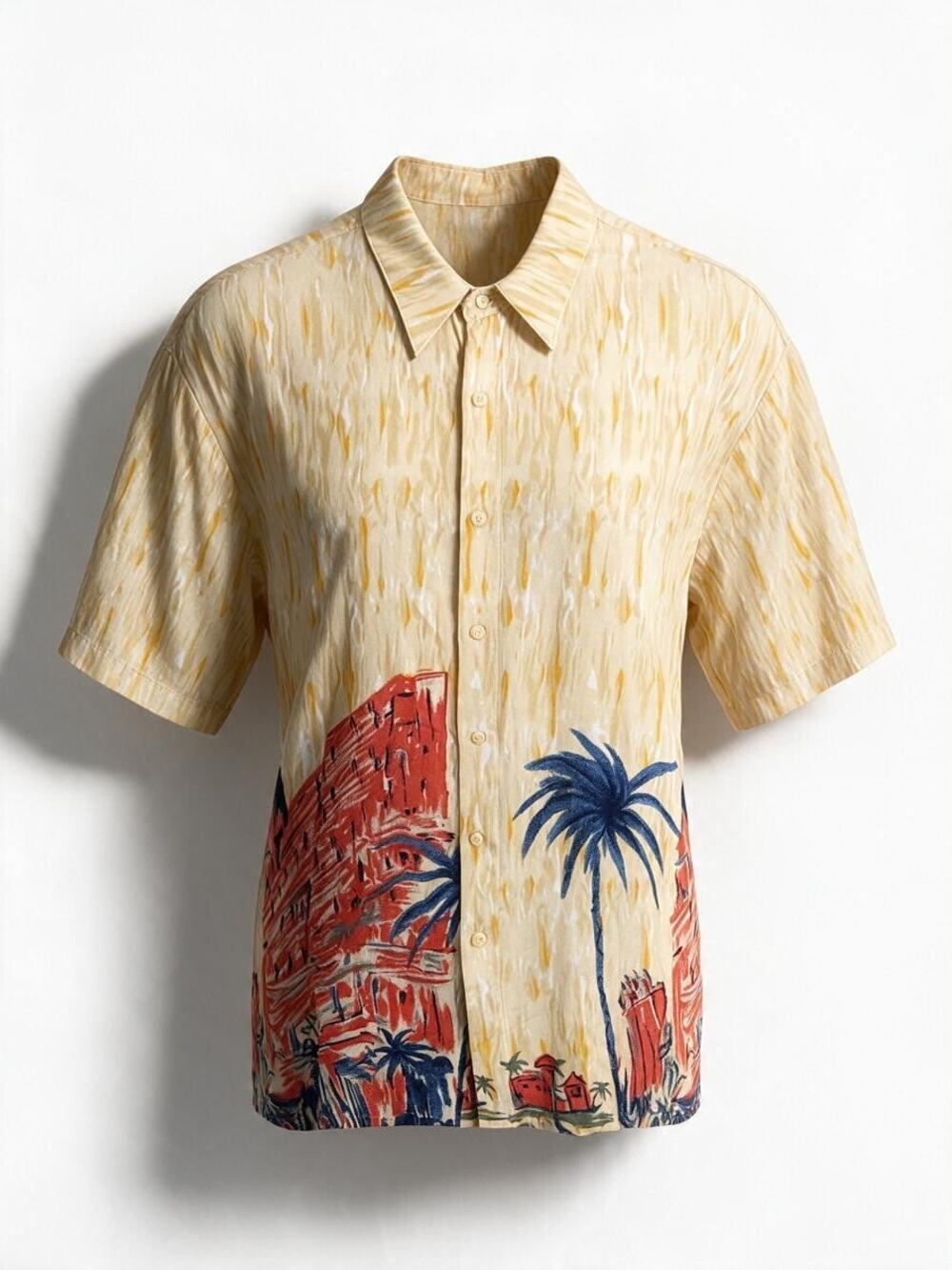 Puritan Mens 2XL Yellow Tropical Palm Tree Hawaiian Shirt Rayon Button Up